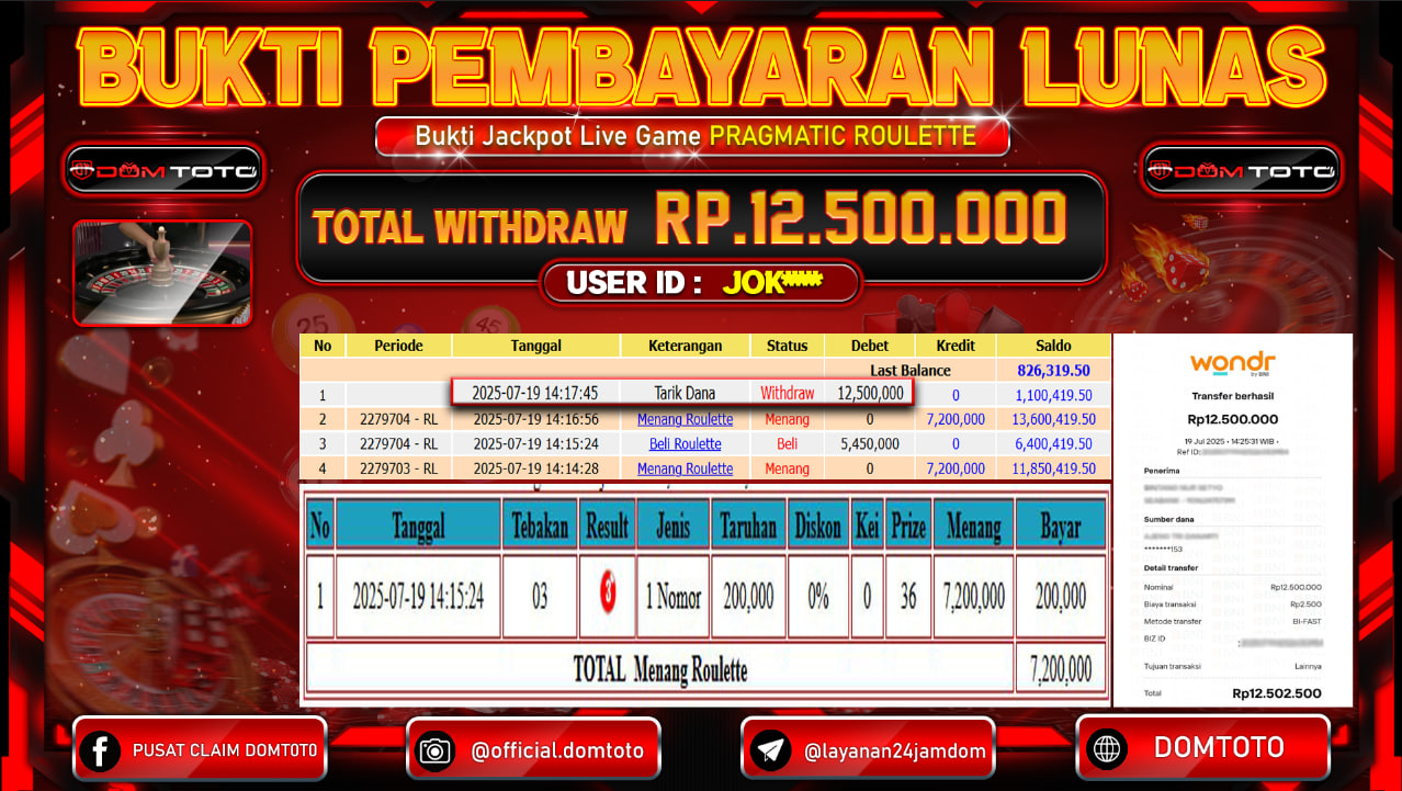 JACKPOT LIVE GAME PRAGMATIC ROULETTE 19  JULI 2025